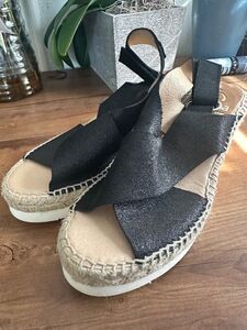 Kanna Sandals Womens Size 38/US 7.5-8 Black Espadrilles Elastic Strap Wedge Sole